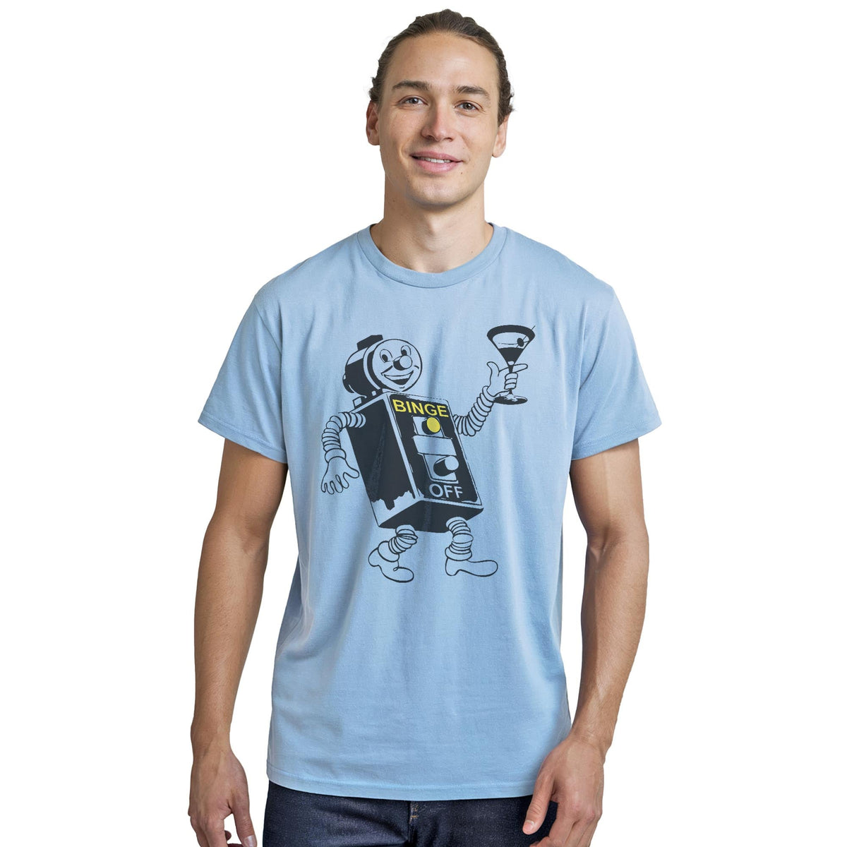 Binge Bot Funny Staple T-shirt in Light Blue Heather On Model - Front View