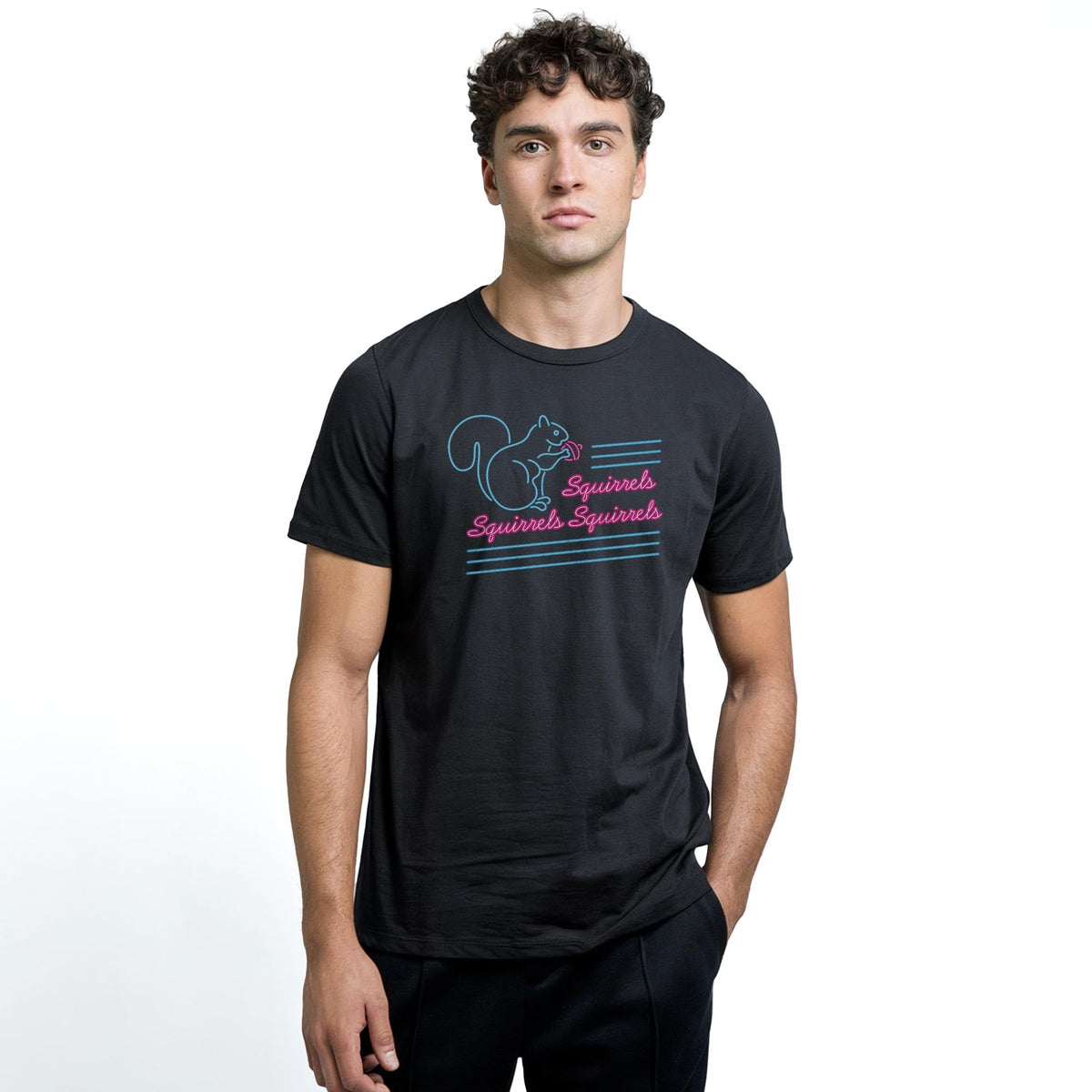 Squirrels Squirrels Squirrels Funny Staple T-shirt in Black On Model - Front View