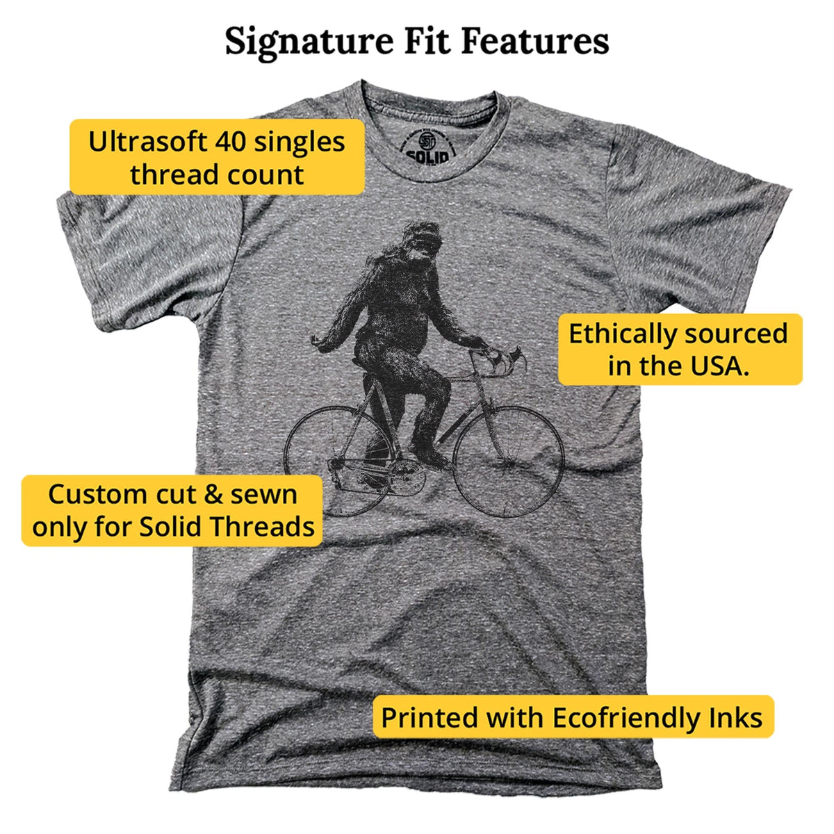 Sasquatch Cyclist Funny Signature T-shirt in Triblend Grey - Fit Attributes