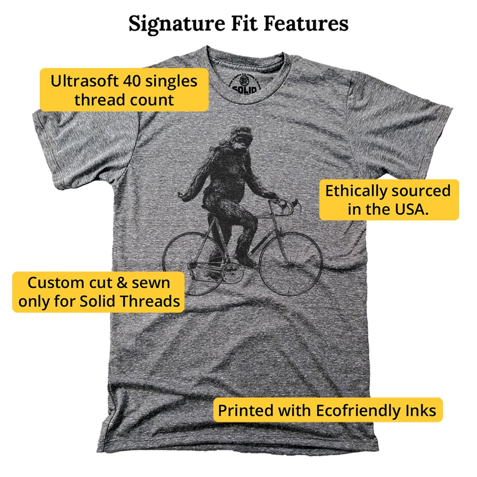 Sasquatch Cyclist Funny Signature T-shirt in Triblend Grey - Fit Attributes