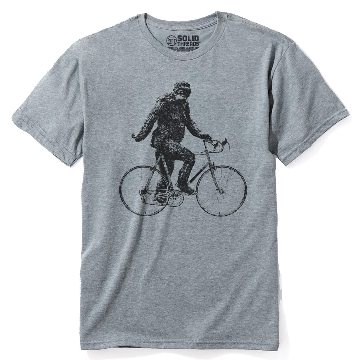 Sasquatch Cyclist Funny Staple T-shirt in Ash Heather - Front View