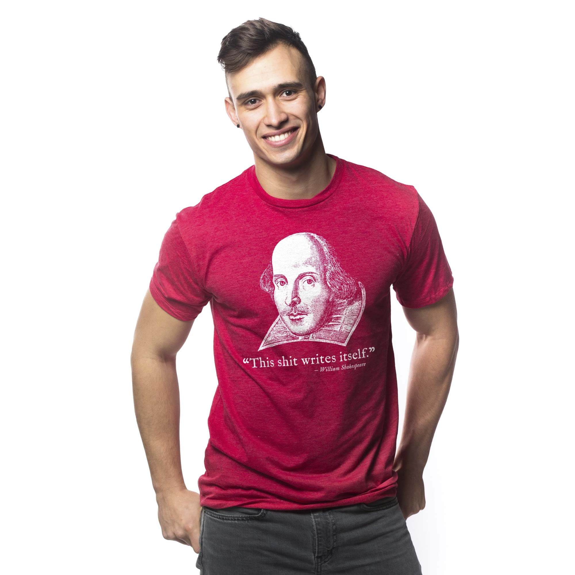 Men's Shit Writes Itself Funny Graphic T-Shirt | Vintage Shakespeare Tee On Model | Solid Threads