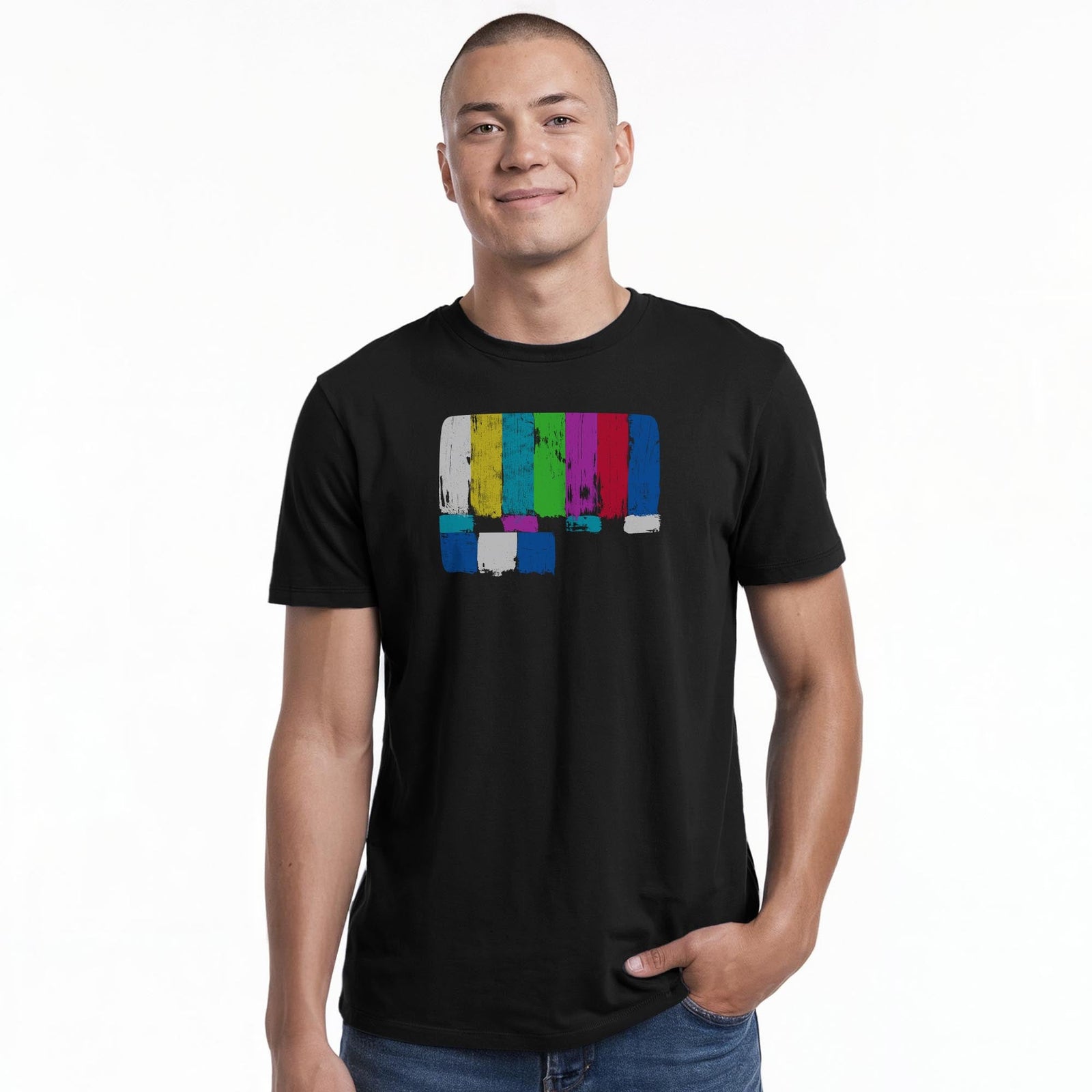 Emergency Broadcast Cool Staple T-shirt in Black On Model - Front View