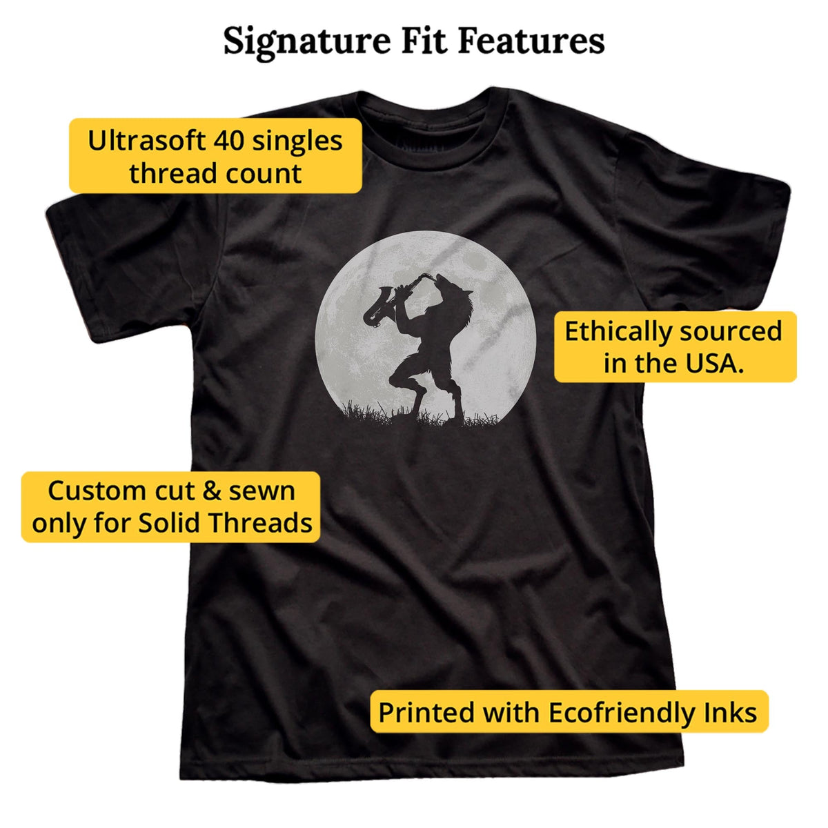 Werewolf Sax Solo Funny Signature T-shirt in Black - Fit Attributes