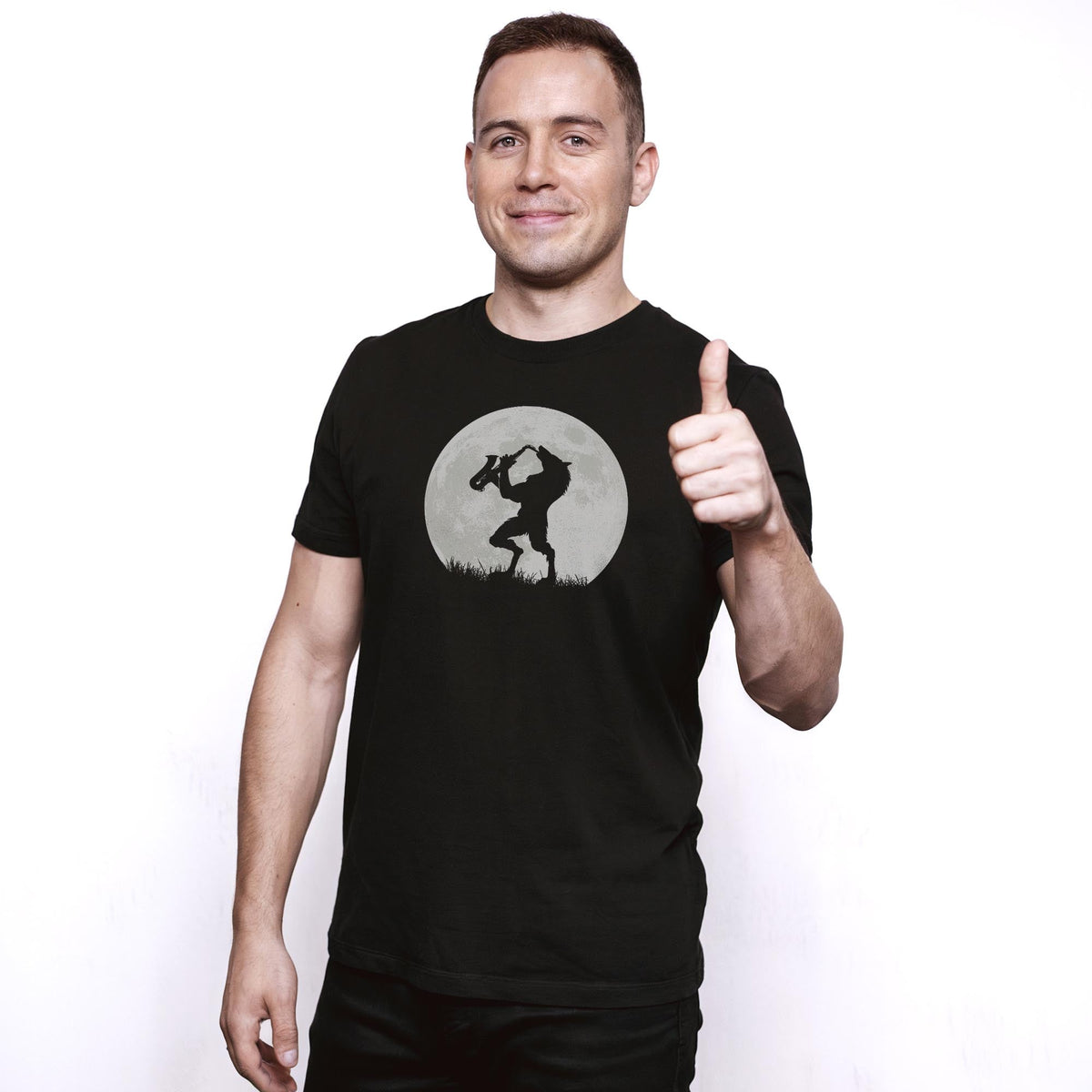 Werewolf Sax Solo Funny Staple T-shirt in Black On Model - Front View