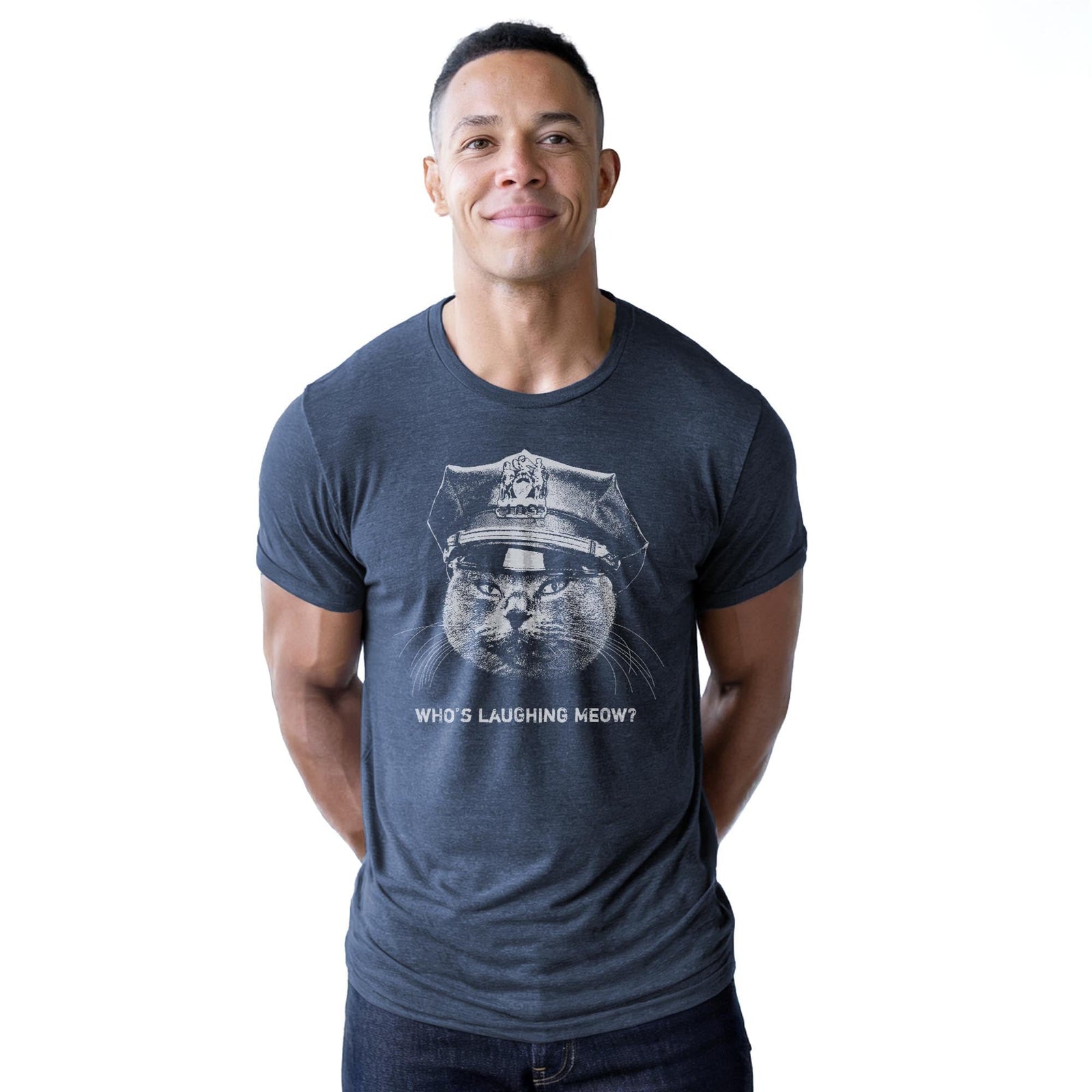 Who's Laughing Meow Funny Staple T-shirt in Navy Heather On Model - Front View