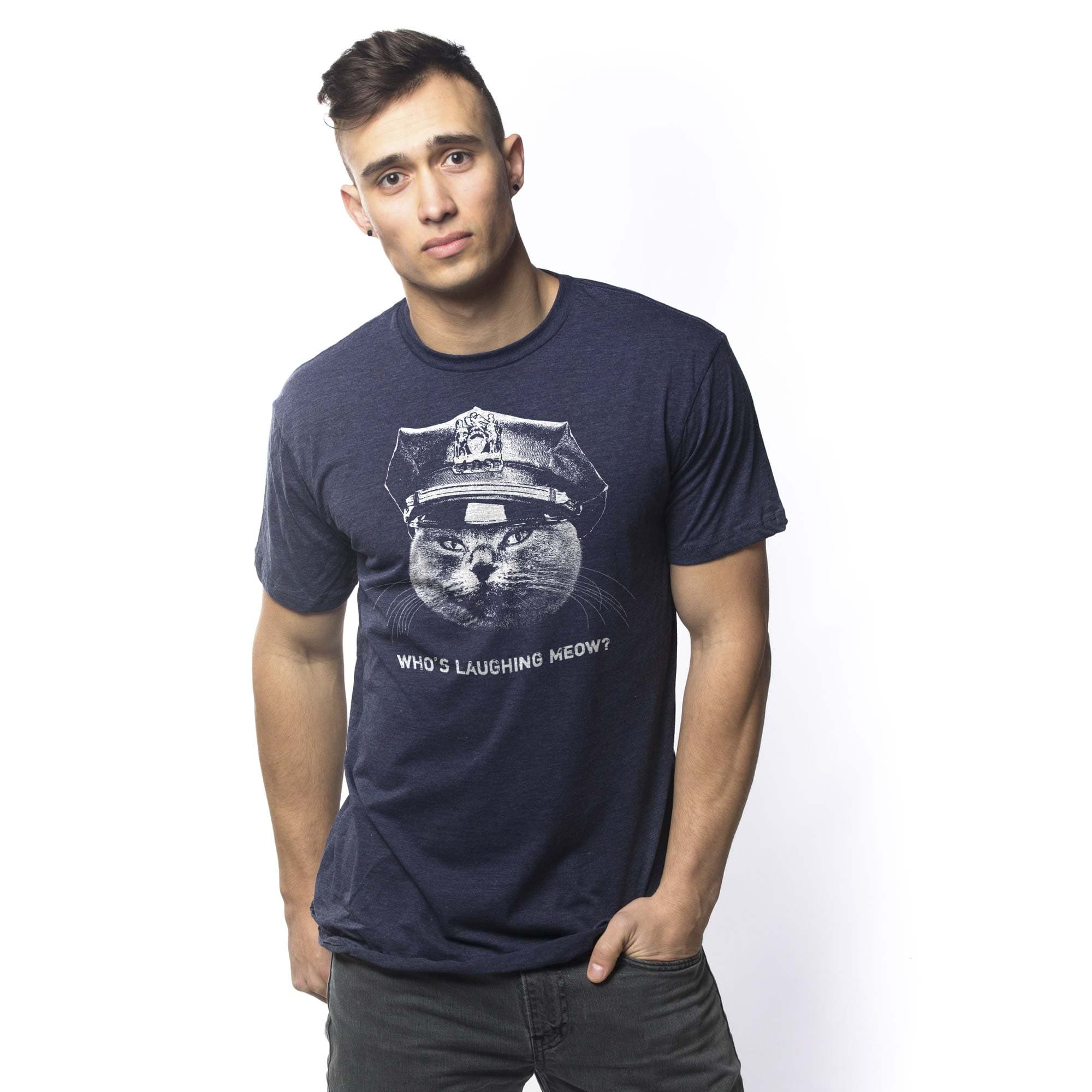 Men's Who'S Laughing Meow Funny Graphic T-Shirt | Cool Cat Police  Tee On Model | Solid Threads