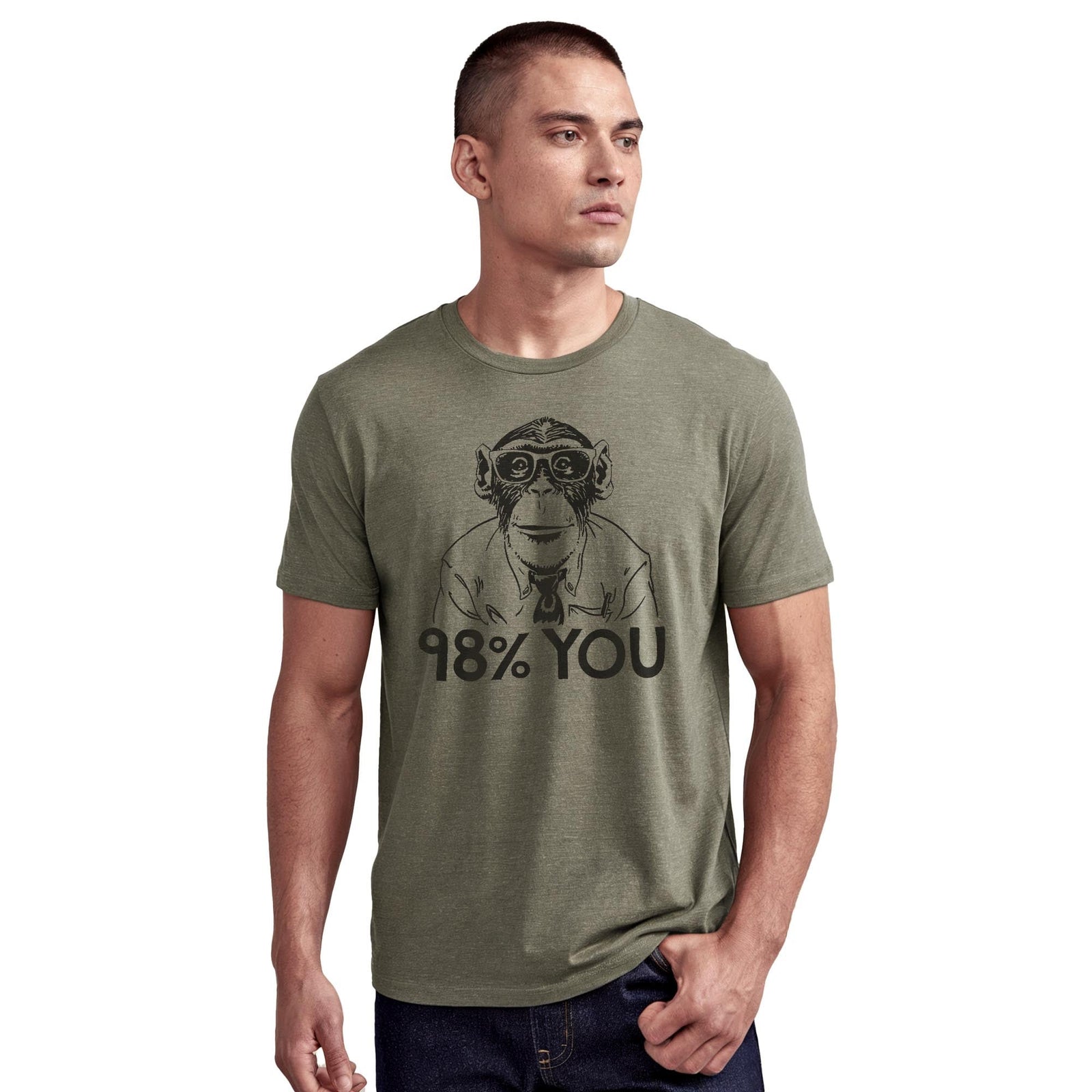 98% You Funny Staple T-shirt in Olive Heather On Model - Front View