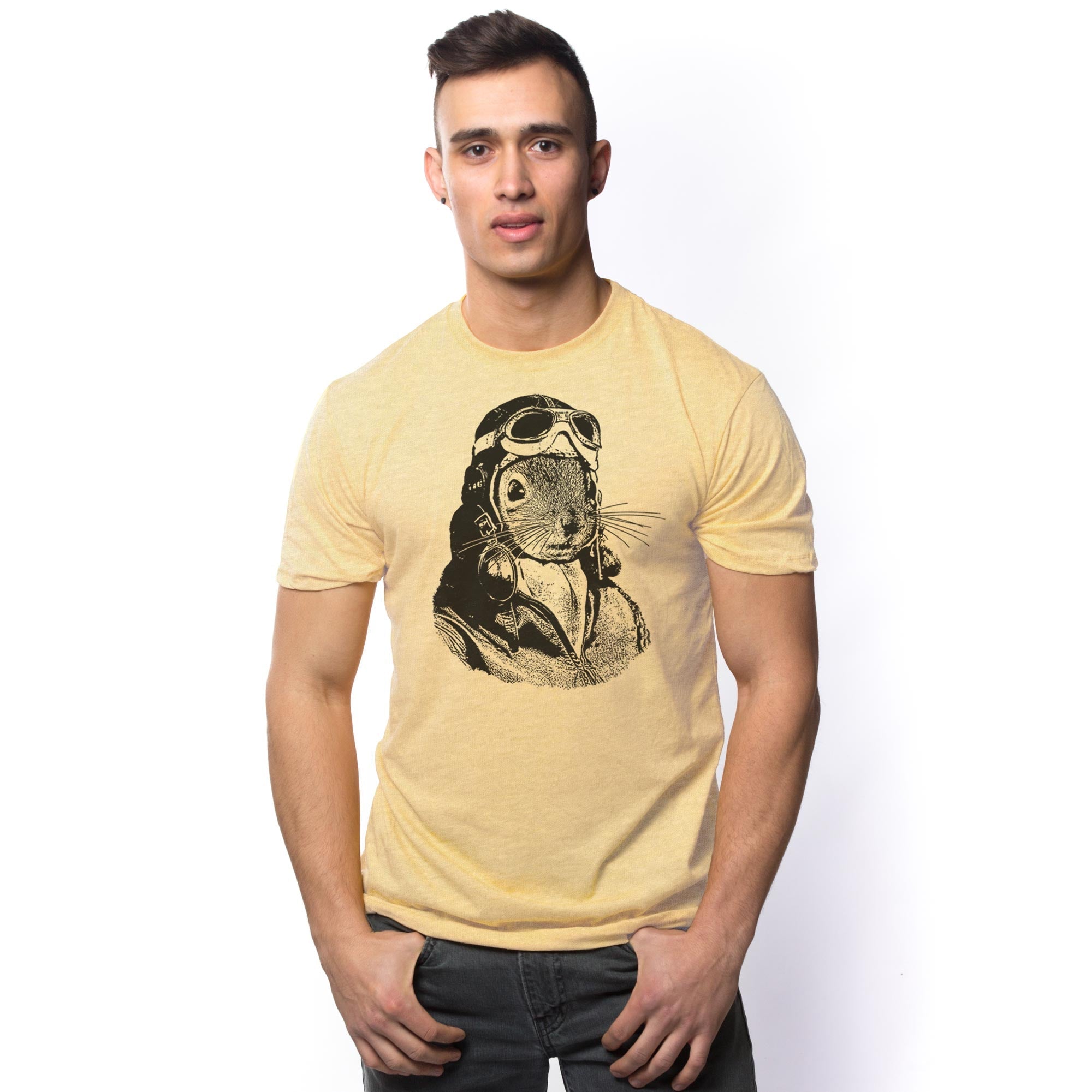 Men's Flying Squirrel Funny Graphic T-Shirt | Vintage Flight Helmet Pun Tee On Model | Solid Threads