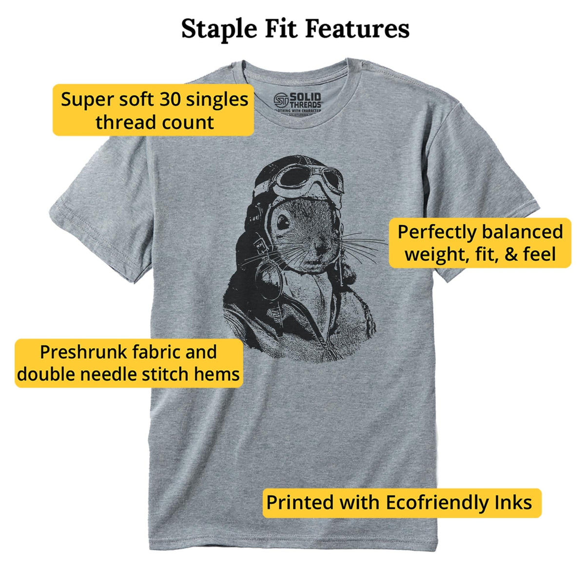 Flying Squirrel Funny Staple T-shirt in Ash Heather - Fit Attributes