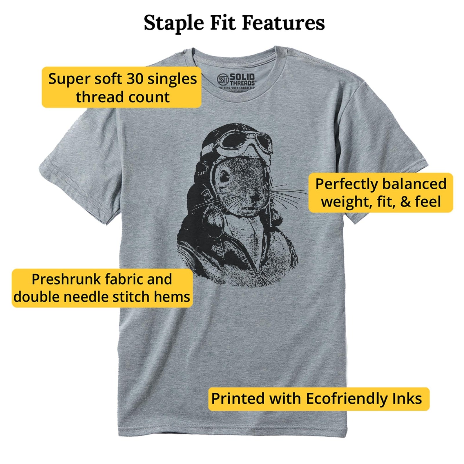 Flying Squirrel Funny Staple T-shirt in Ash Heather - Fit Attributes