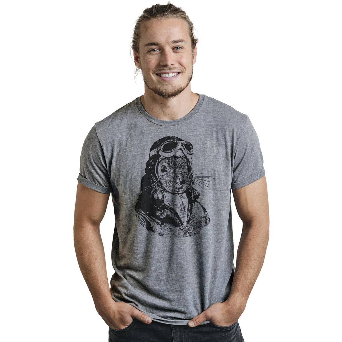 Flying Squirrel Funny Staple T-shirt in Ash Heather On Model - Front View