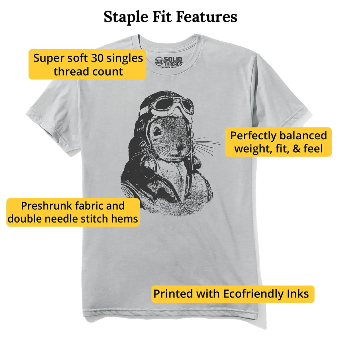 Flying Squirrel Funny Staple T-shirt in Silver - Fit Attributes
