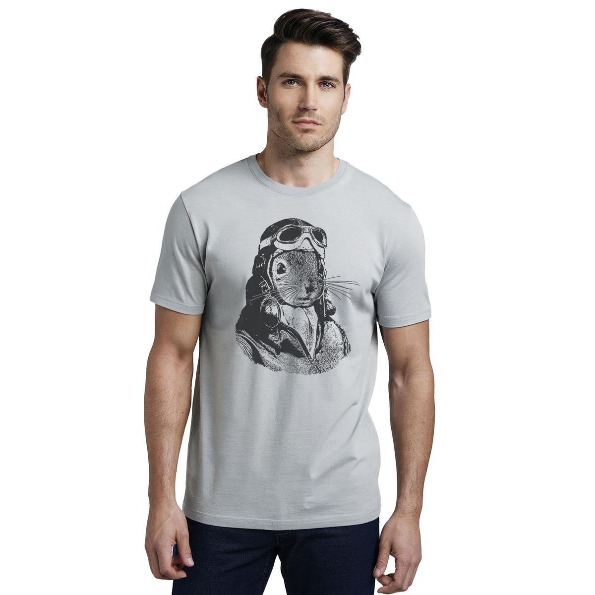 Flying Squirrel Funny Staple T-shirt in Silver On Model - Front View