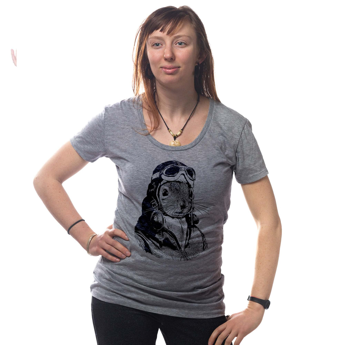 Women's Flying Squirrel Funny Graphic T-Shirt | Vintage Flight Helmet Pun Tee On Model | Solid Threads