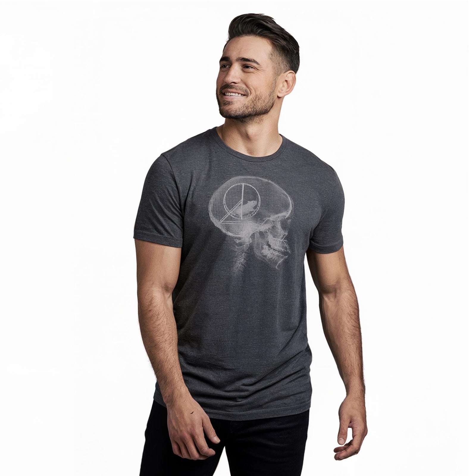 Hamster Head Scan Funny Staple T-shirt in Charcoal Heather On Model - Front View