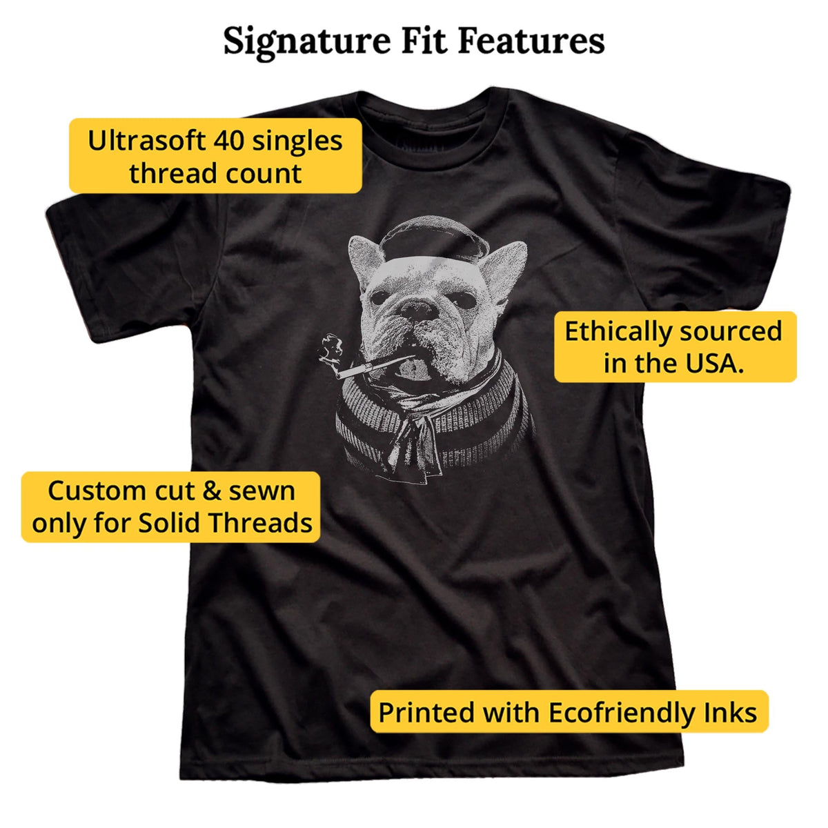 French Bulldog Funny Signature T-shirt in Black - Fit Attributes