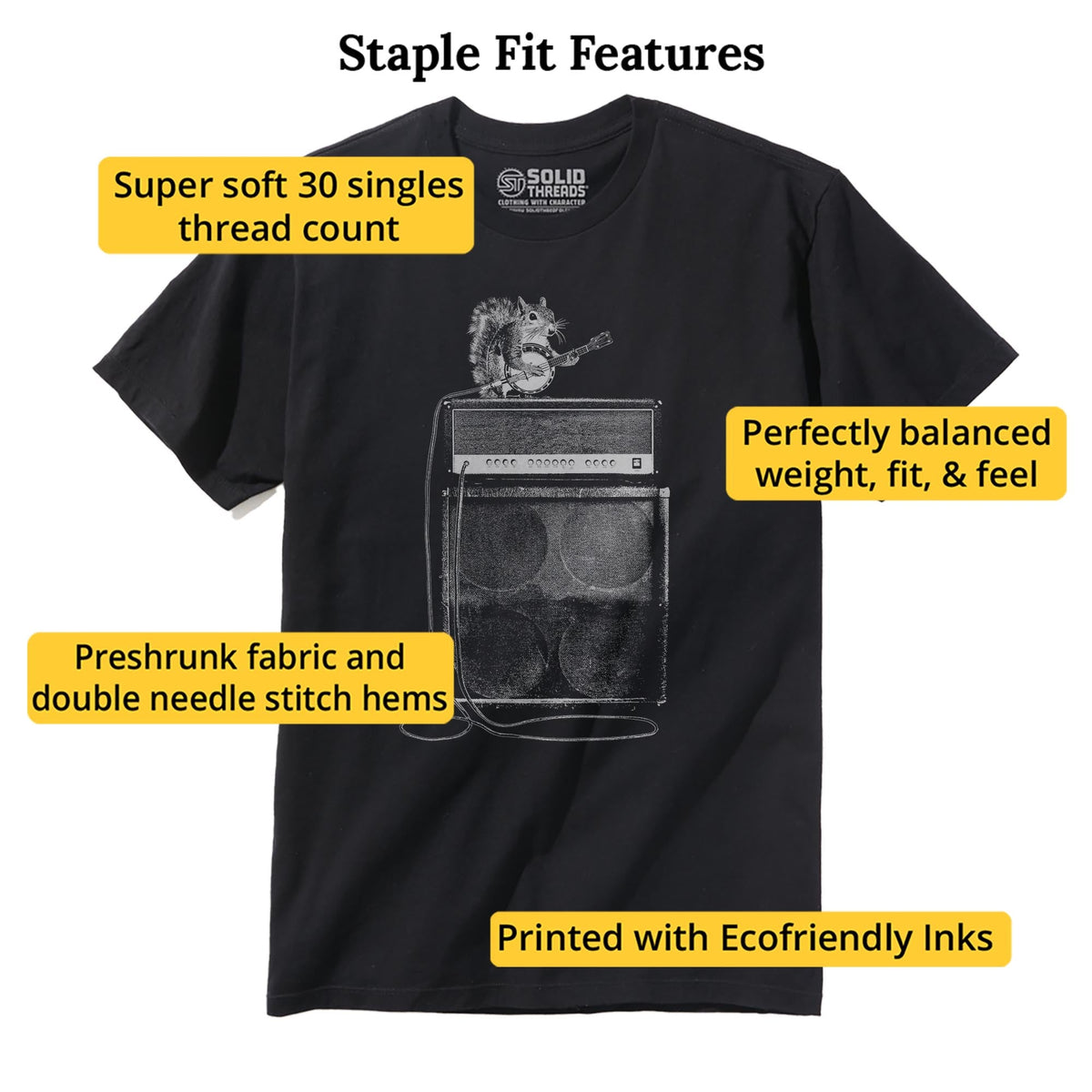 Squirrel Banjo Designer Staple T-shirt in Black - Fit Attributes