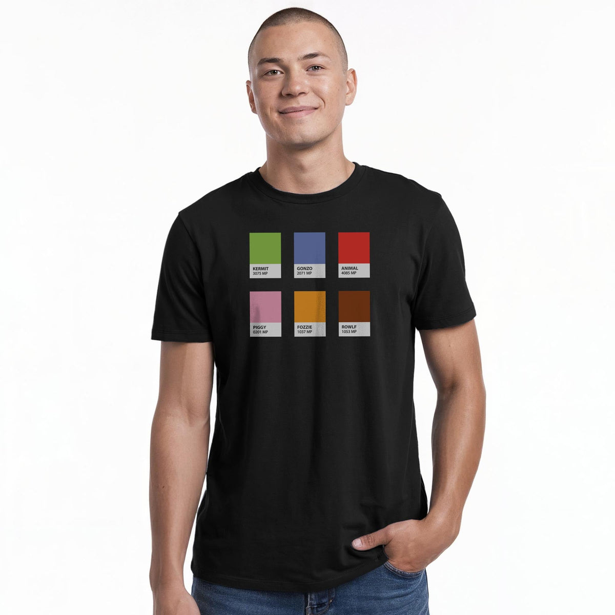 Muppantones Designer Staple T-shirt in Black On Model - Front View