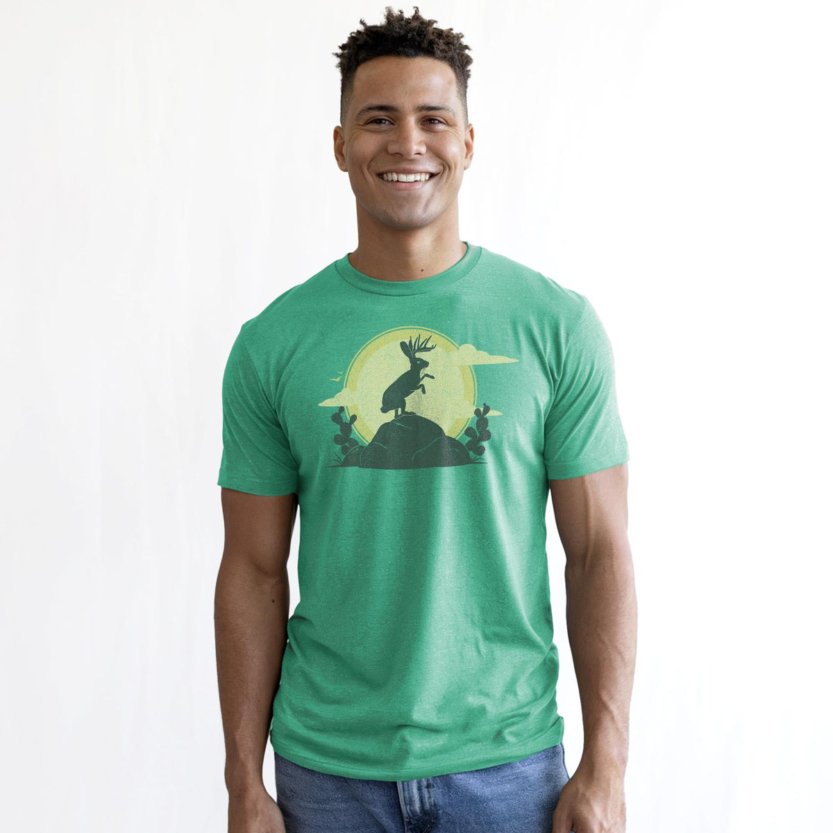 Jackalope Cool Staple T-shirt in Kelly Heather On Model - Front View