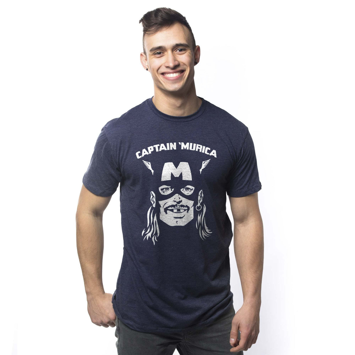 Men's Captain Murica Funny Graphic T-Shirt | Cool America Superhero Parody Tee On Model | Solid Threads
