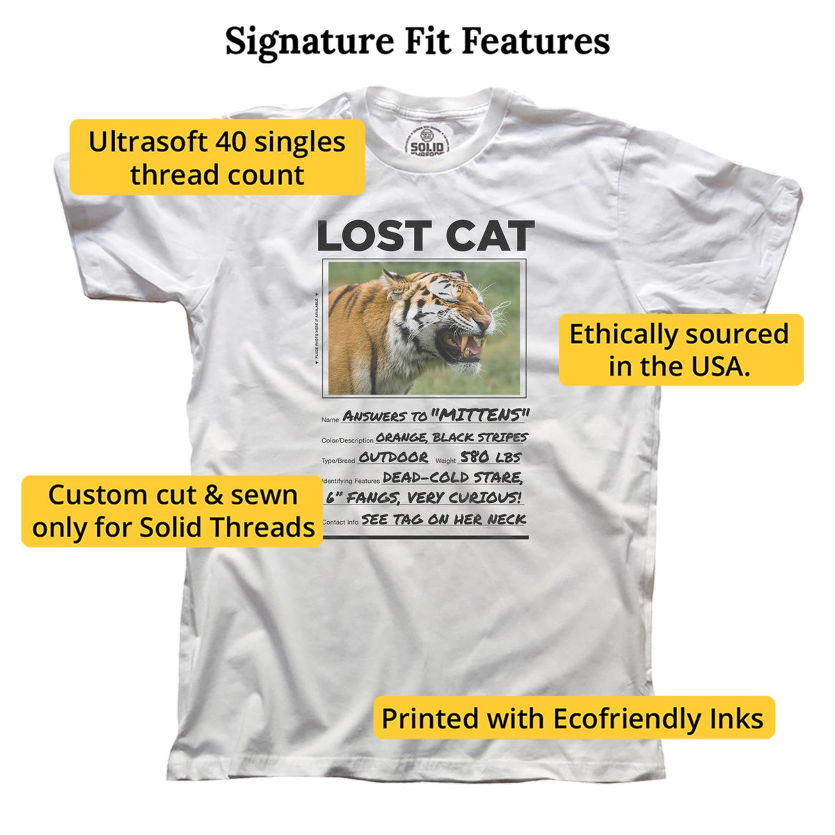 Lost Cat Funny Signature T-shirt in White - Fit Attributes