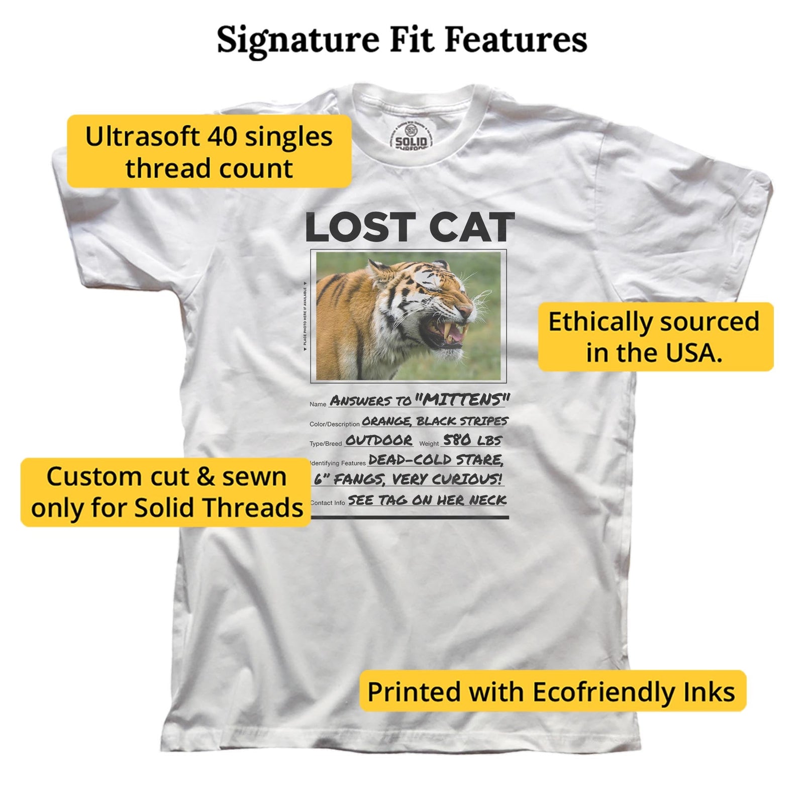 Lost Cat Funny Signature T-shirt in White - Fit Attributes