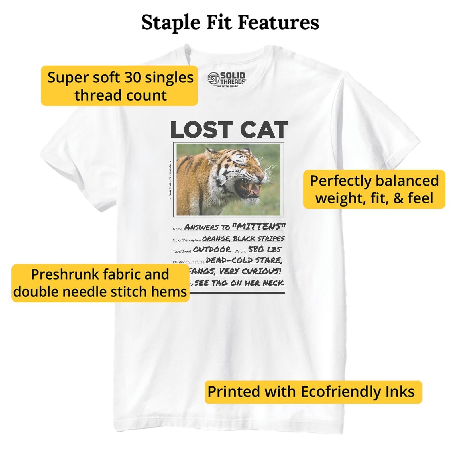 Lost Cat Funny Staple T-shirt in White - Fit Attributes