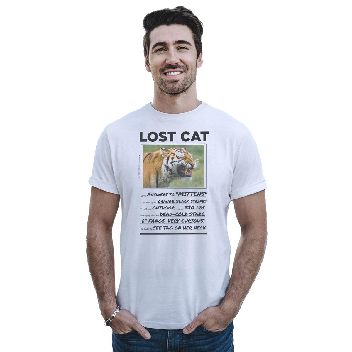 Lost Cat Funny Staple T-shirt in White On Model - Front View