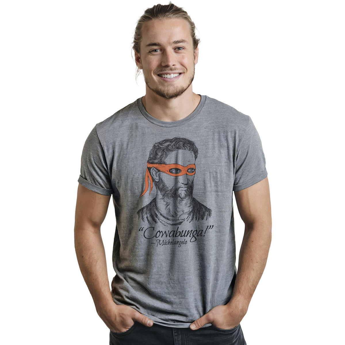 Michelangelo Cool Staple T-shirt in Ash Heather On Model - Front View