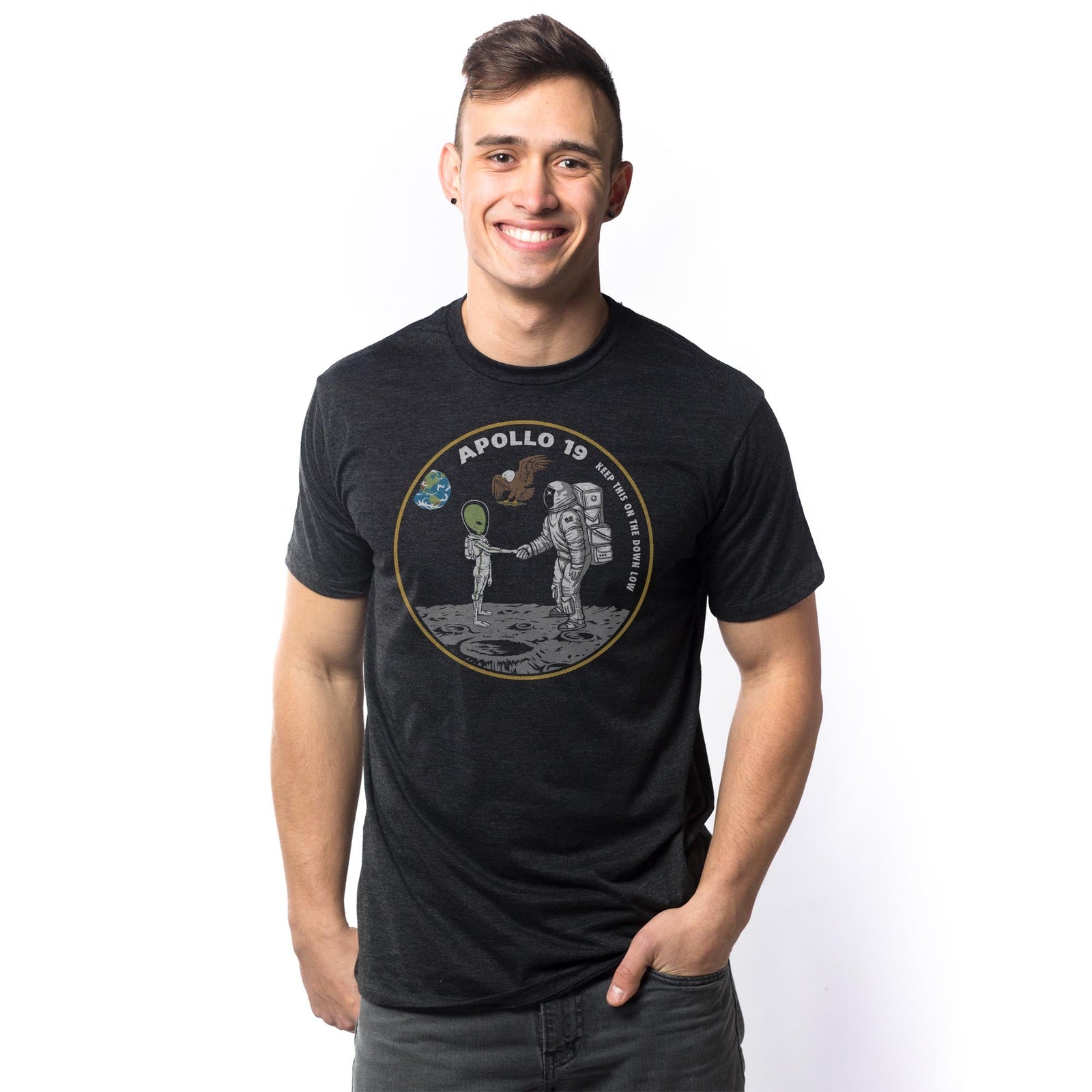 Apollo 19 Vintage Signature T-shirt in Dark Charcoal On Model - Front View