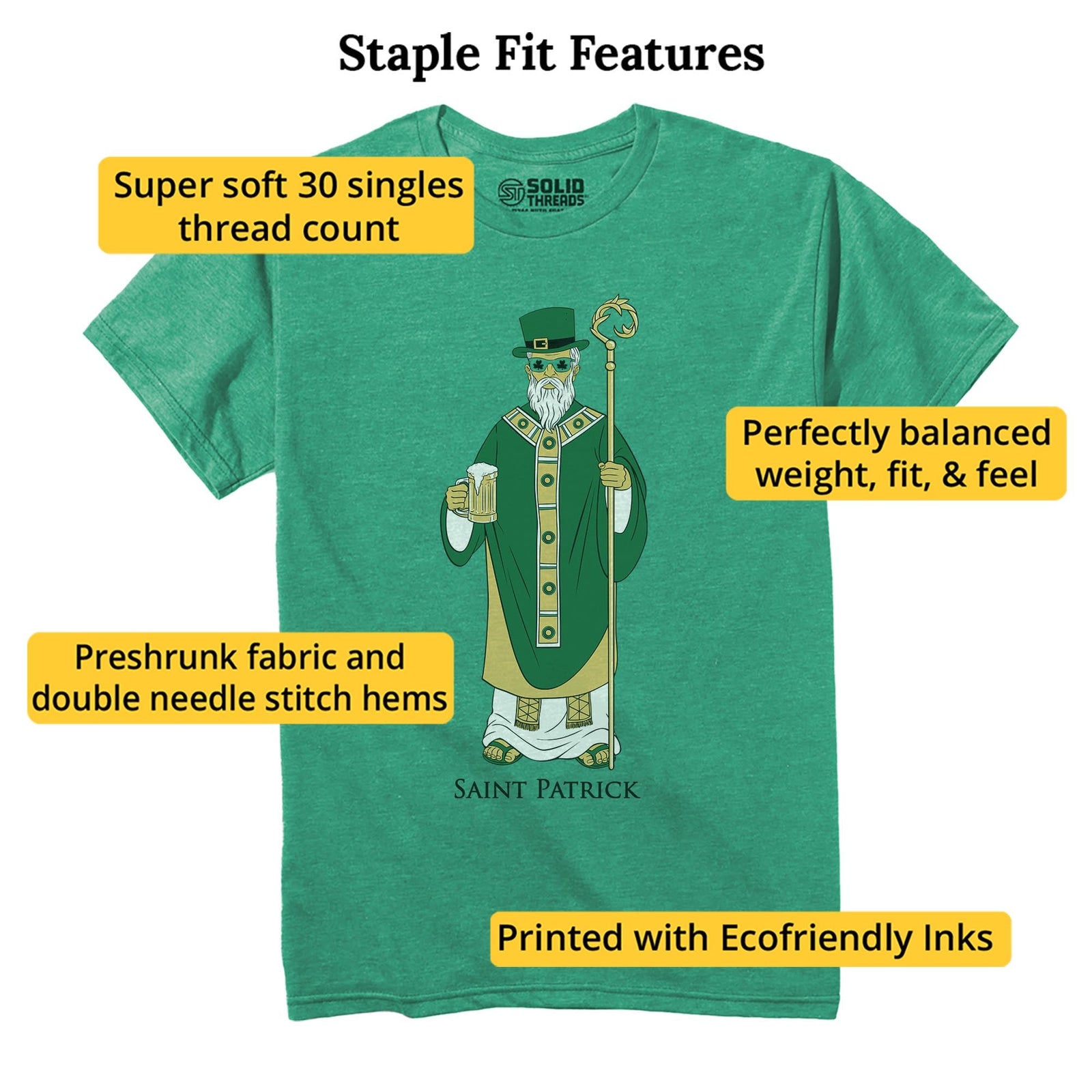 Saint Patrick Funny Staple T-shirt in Kelly Heather - Fit Attributes