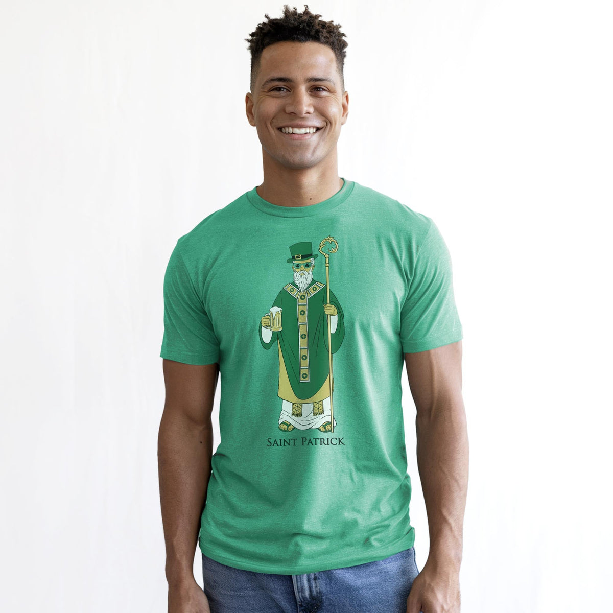 Saint Patrick Funny Staple T-shirt in Kelly Heather On Model - Front View