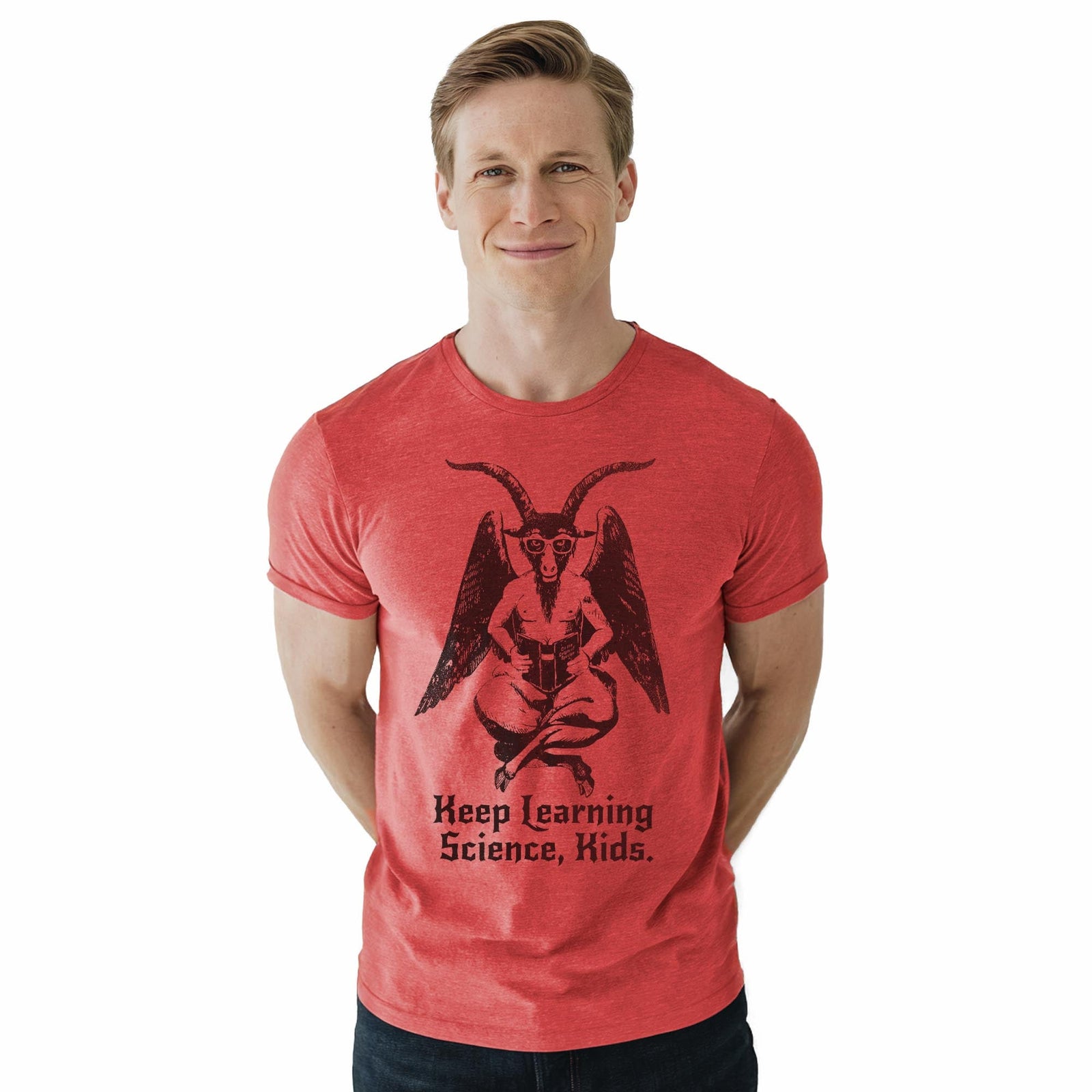 Keep Learning Science Funny Staple T-shirt in Red Heather On Model - Front View