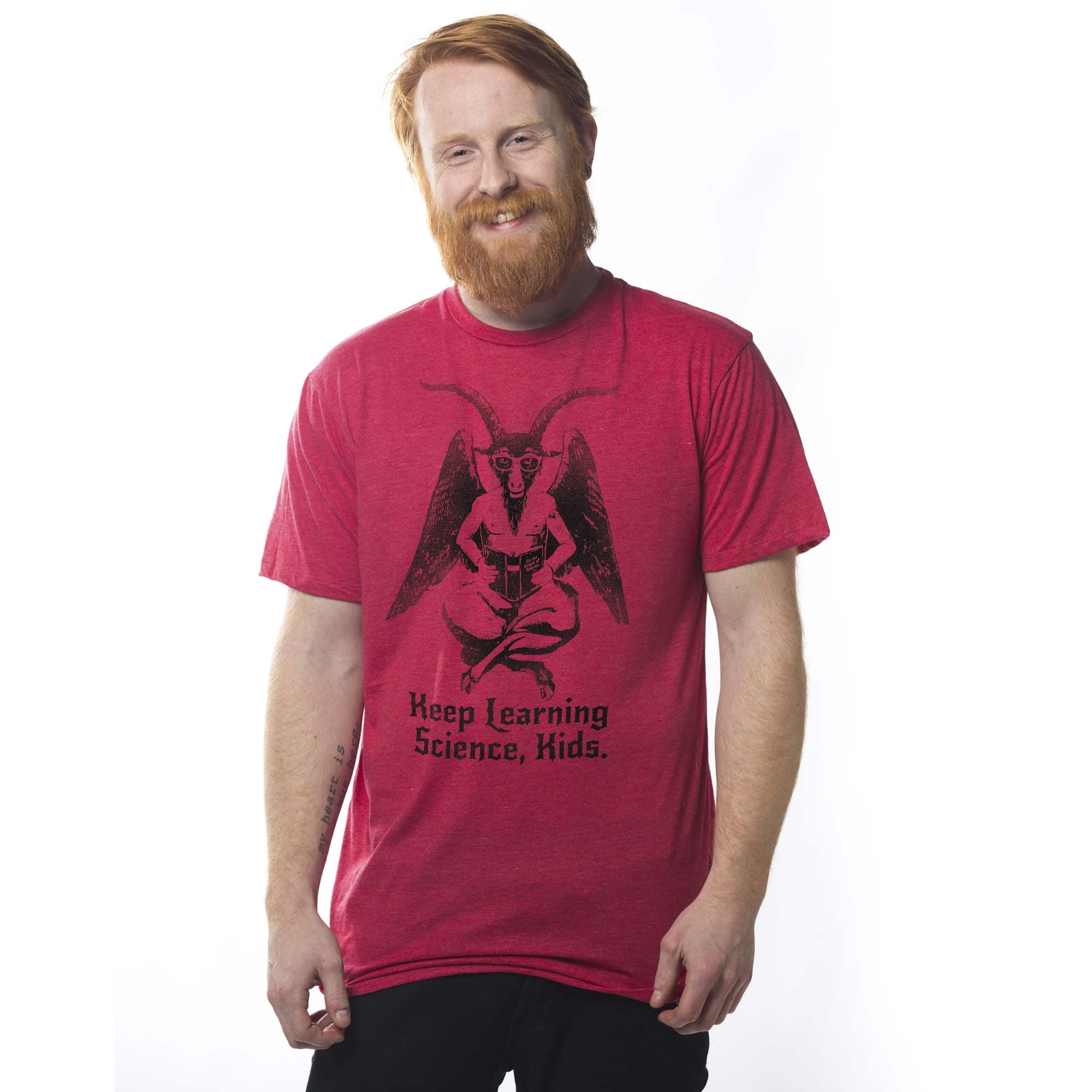 Men's Keep Learning Science Funny Graphic T-Shirt | Vintage Devil Darwin Ironic Tee | Solid Threads
