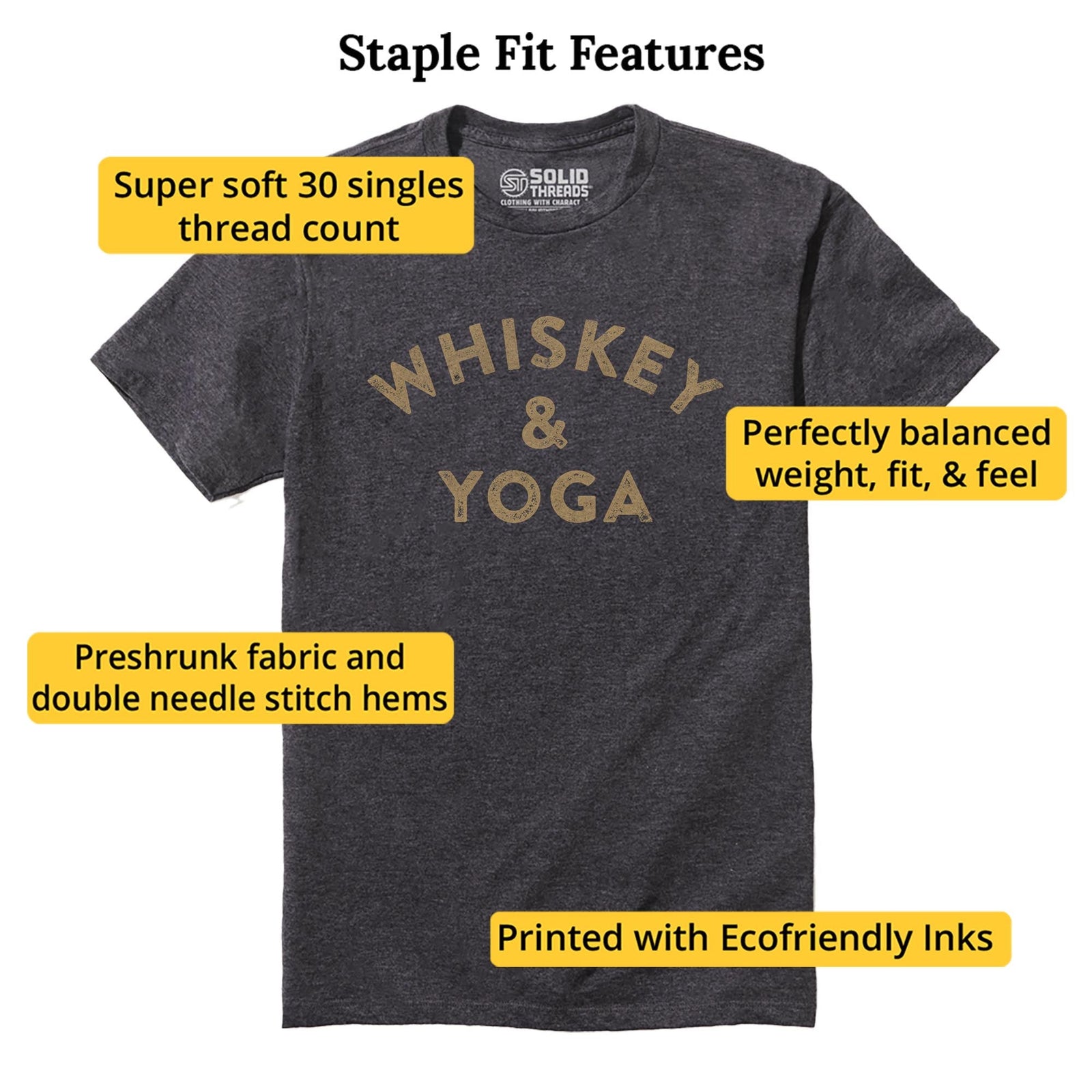 Whiskey &amp; Yoga Funny Staple T-shirt in Charcoal Heather - Fit Attributes