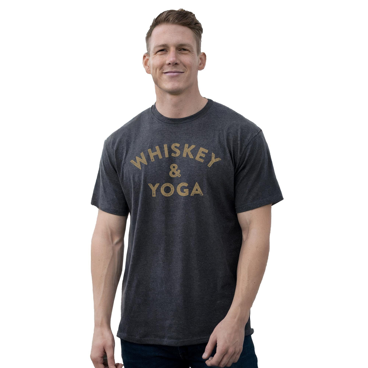 Whiskey &amp; Yoga Funny Staple T-shirt in Charcoal Heather On Model - Front View