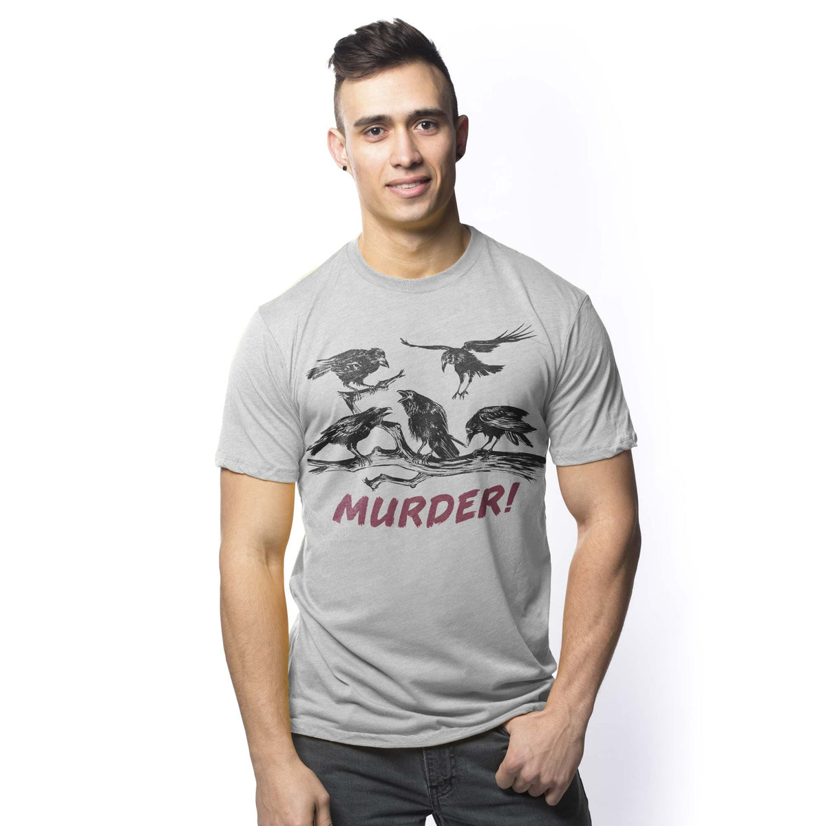 Men's Murder Of Crows Vintage Graphic T-Shirt | Designer Pun Blood Tee On Model | Solid Threads