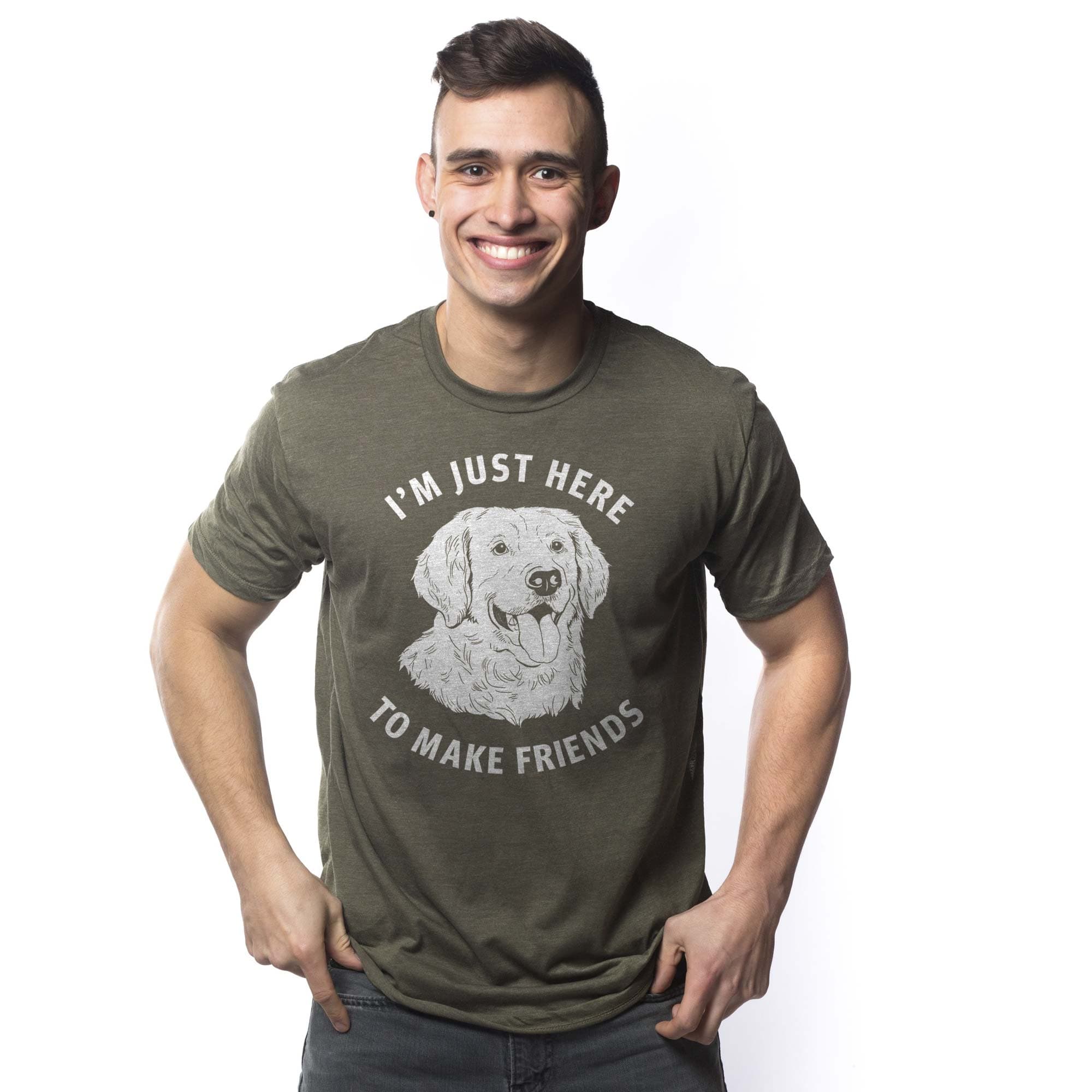 Men's Just Make Friends Funny Graphic T-Shirt | Retro Retriever Smiling Tee On Model | Solid Threads