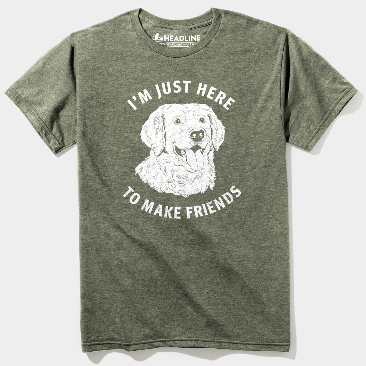 Men&#39;s Just Here To Make Friends Funny Graphic T-Shirt | Vintage Golden Retriever Tee | Solid Threads