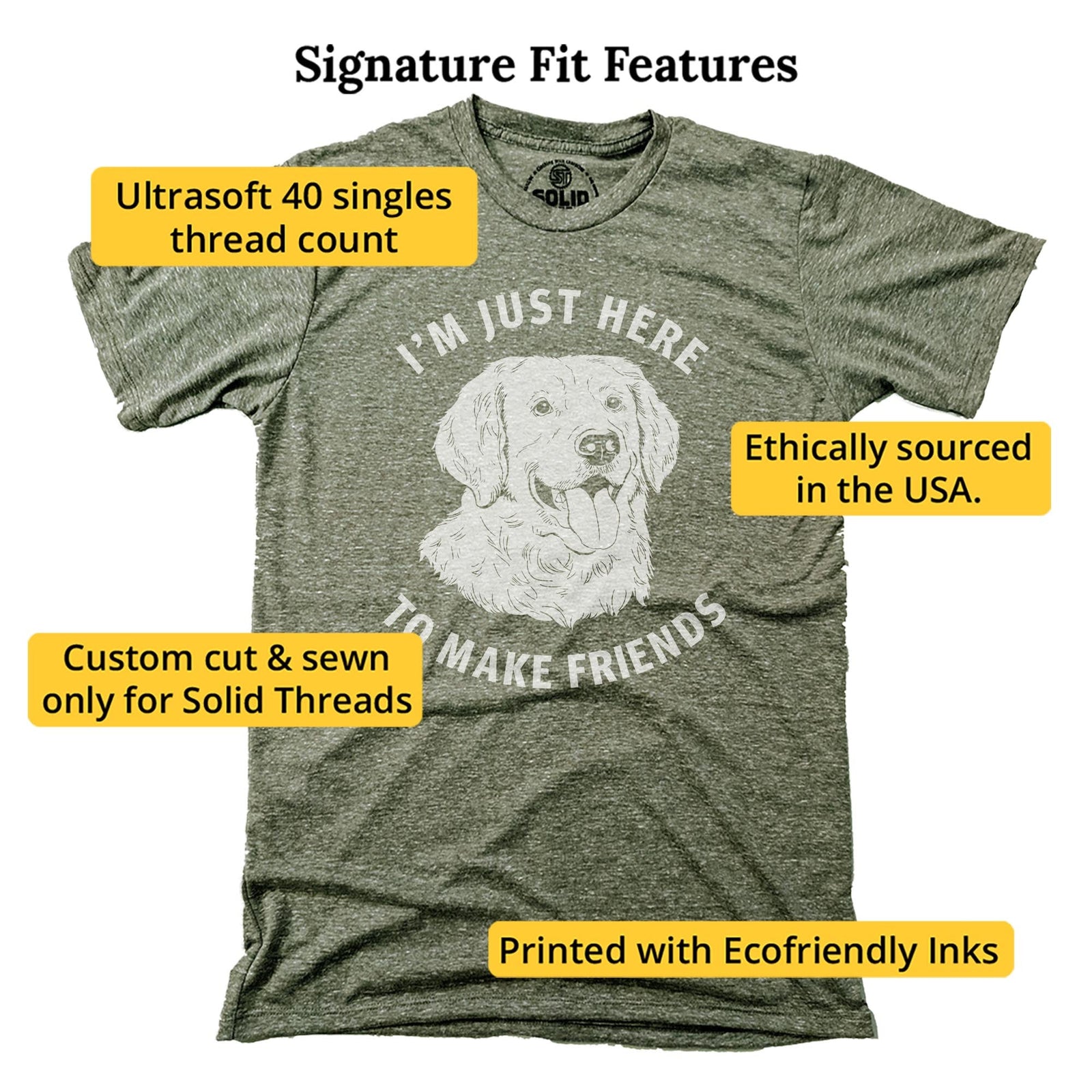 Just Here To Make Friends Funny Signature T-shirt in Triblend Olive - Fit Attributes