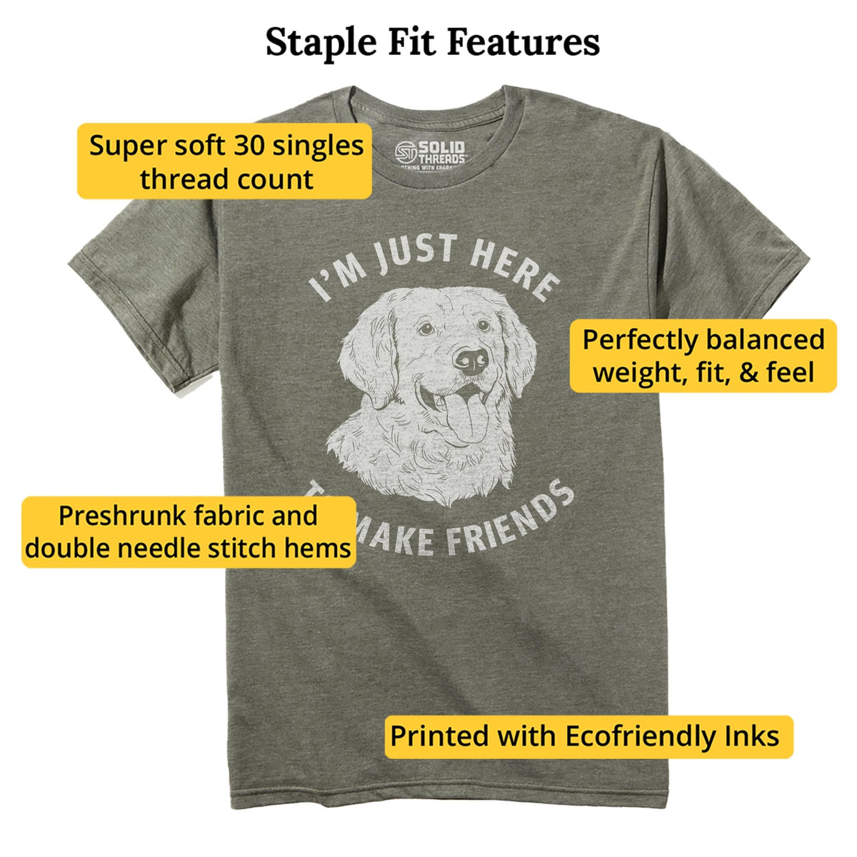Just Here To Make Friends Funny Staple T-shirt in Olive Heather - Fit Attributes