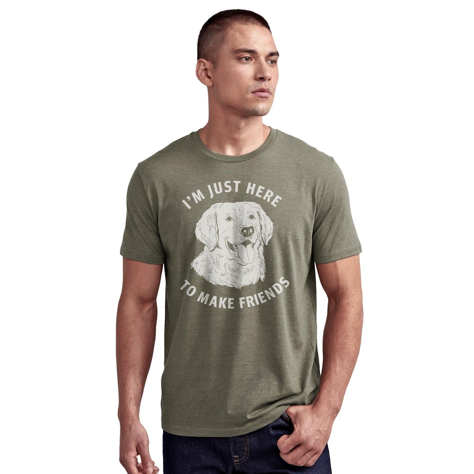 Just Here To Make Friends Funny Staple T-shirt in Olive Heather On Model - Front View
