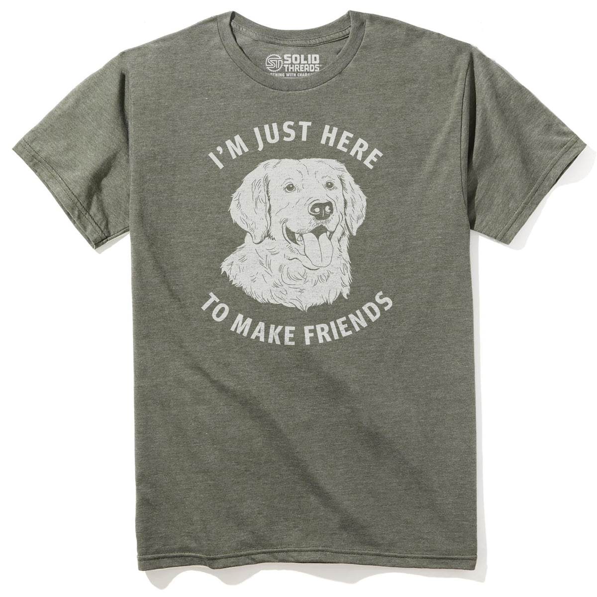 Just Here To Make Friends Funny Staple T-shirt in Olive Heather - Front View