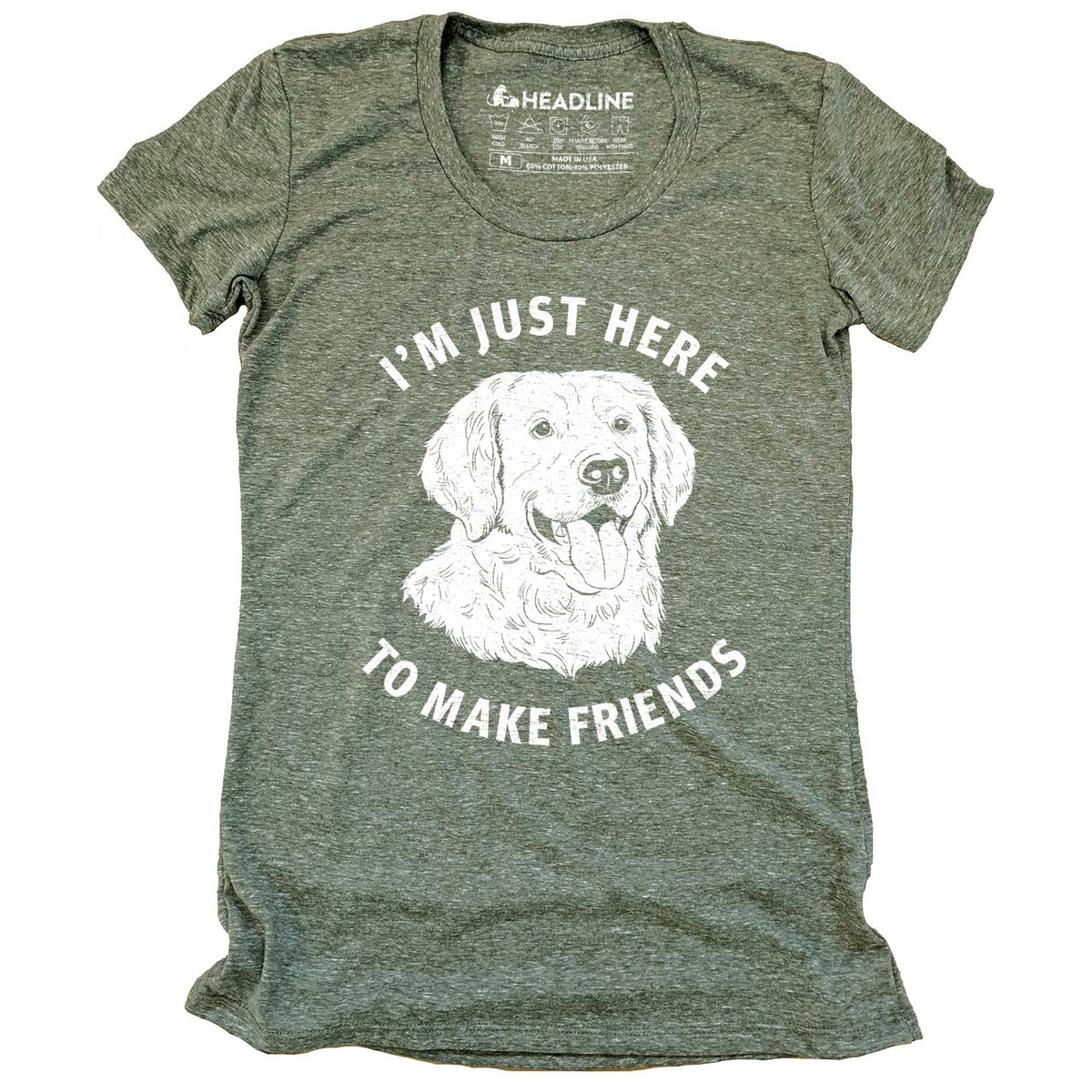 Women&#39;s Just Here To Make Friends Funny Graphic T-Shirt | Vintage Golden Retriever Tee | Solid Threads