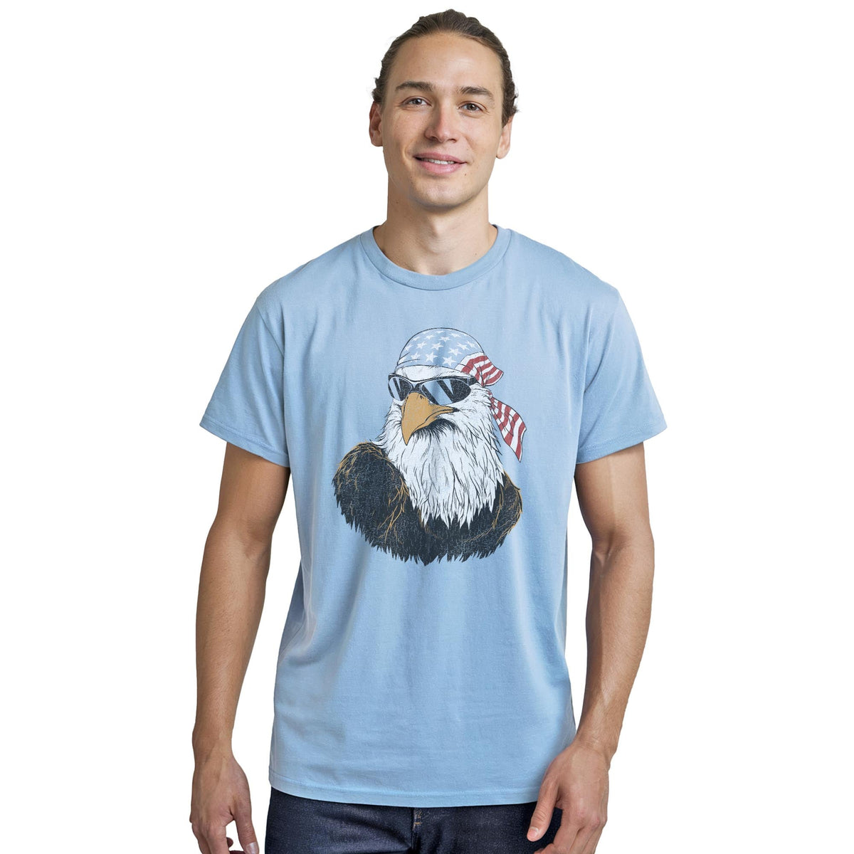 Patriotic Eagle Funny Staple T-shirt in Light Blue Heather On Model - Front View