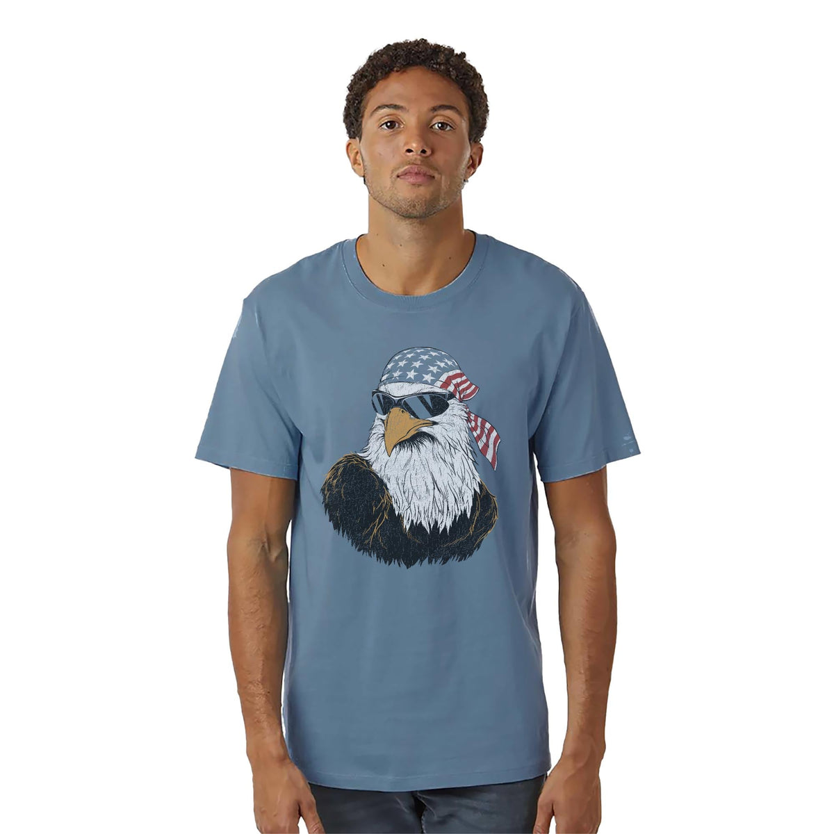 Patriotic Eagle Funny Organic T-shirt in Slate On Model - Front View
