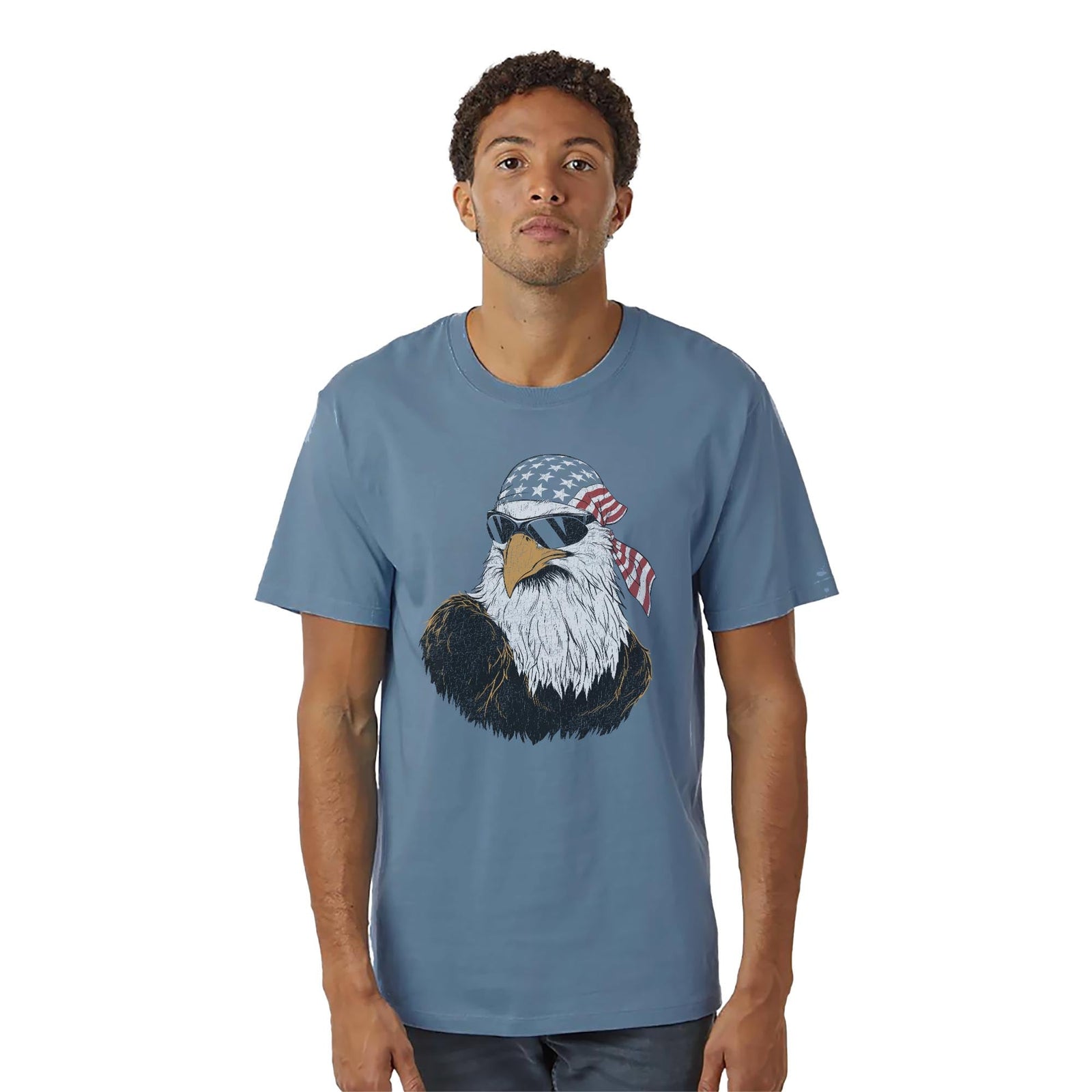 Patriotic Eagle Funny Organic T-shirt in Slate On Model - Front View