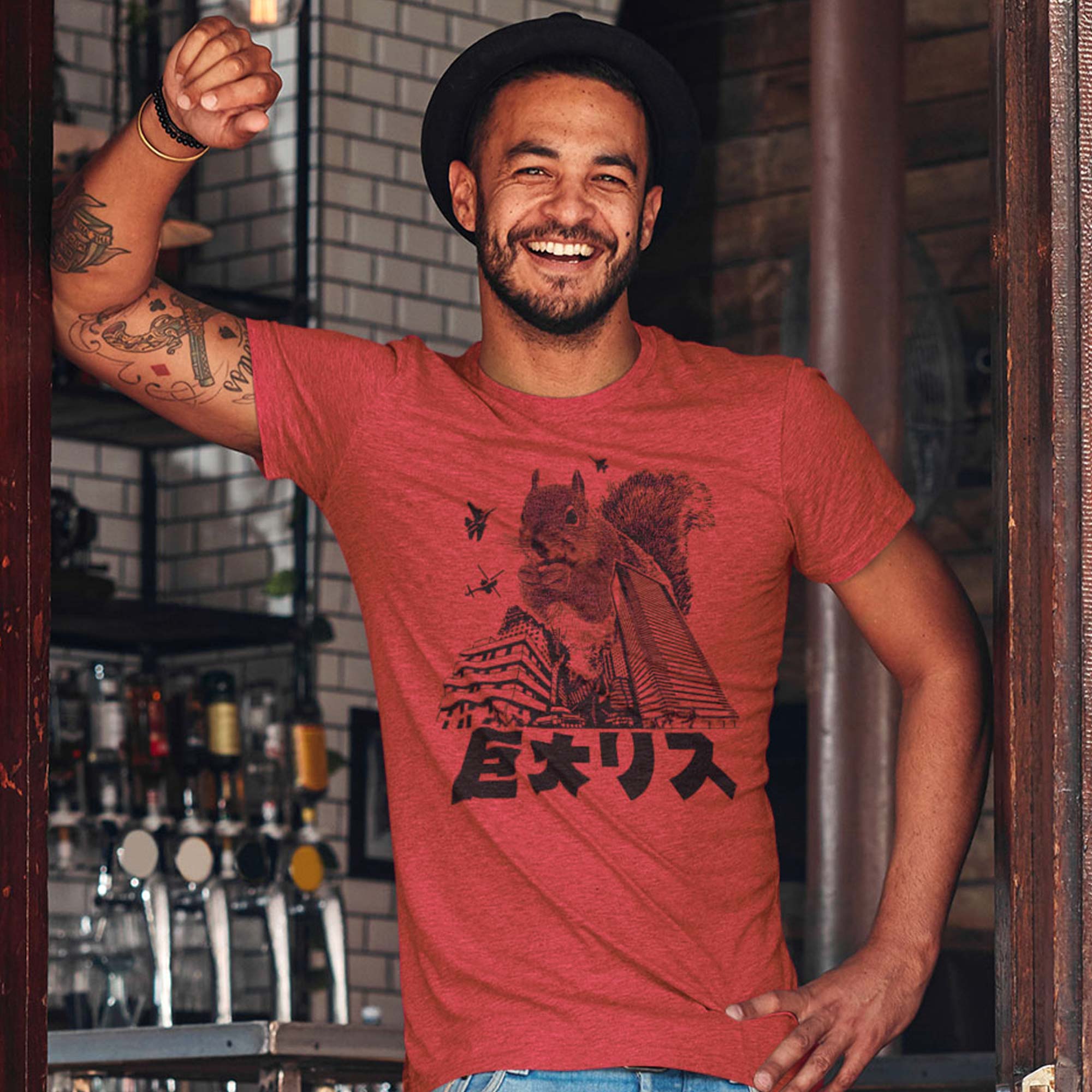 Men's Squirrelzilla Funny Graphic T-Shirt | Designer Godzilla Pun Kaiju Tee On Model | Solid Threads