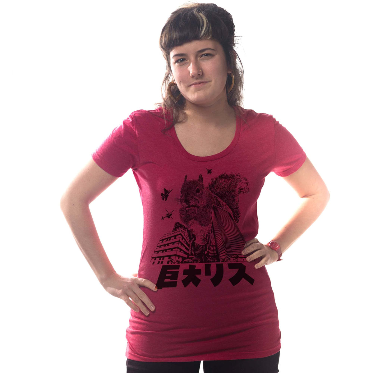 Women's Squirrelzilla Funny Graphic T-Shirt | Designer Godzilla Pun Kaiju Tee On Model | Solid Threads